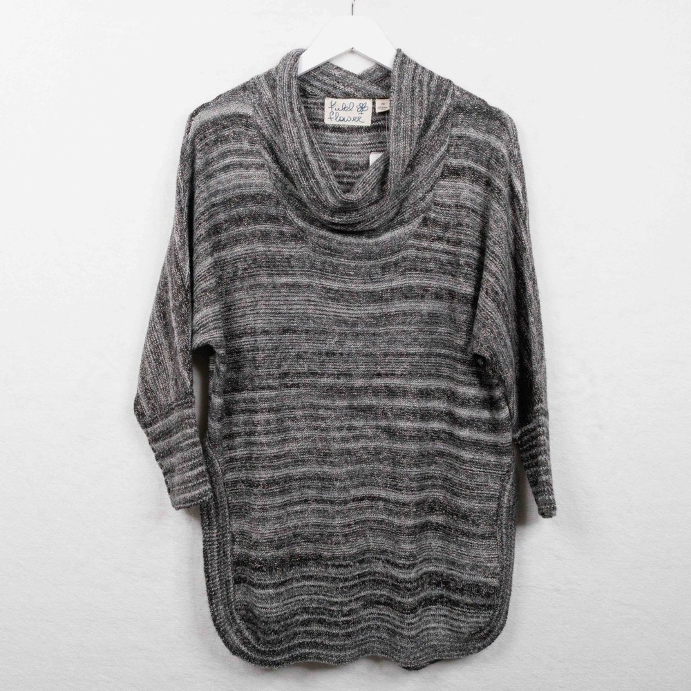 FIELD FLOWER Anthropologie Striped Cowl Neck Tunic‎ Sweater Black Grey Sz XS NWT